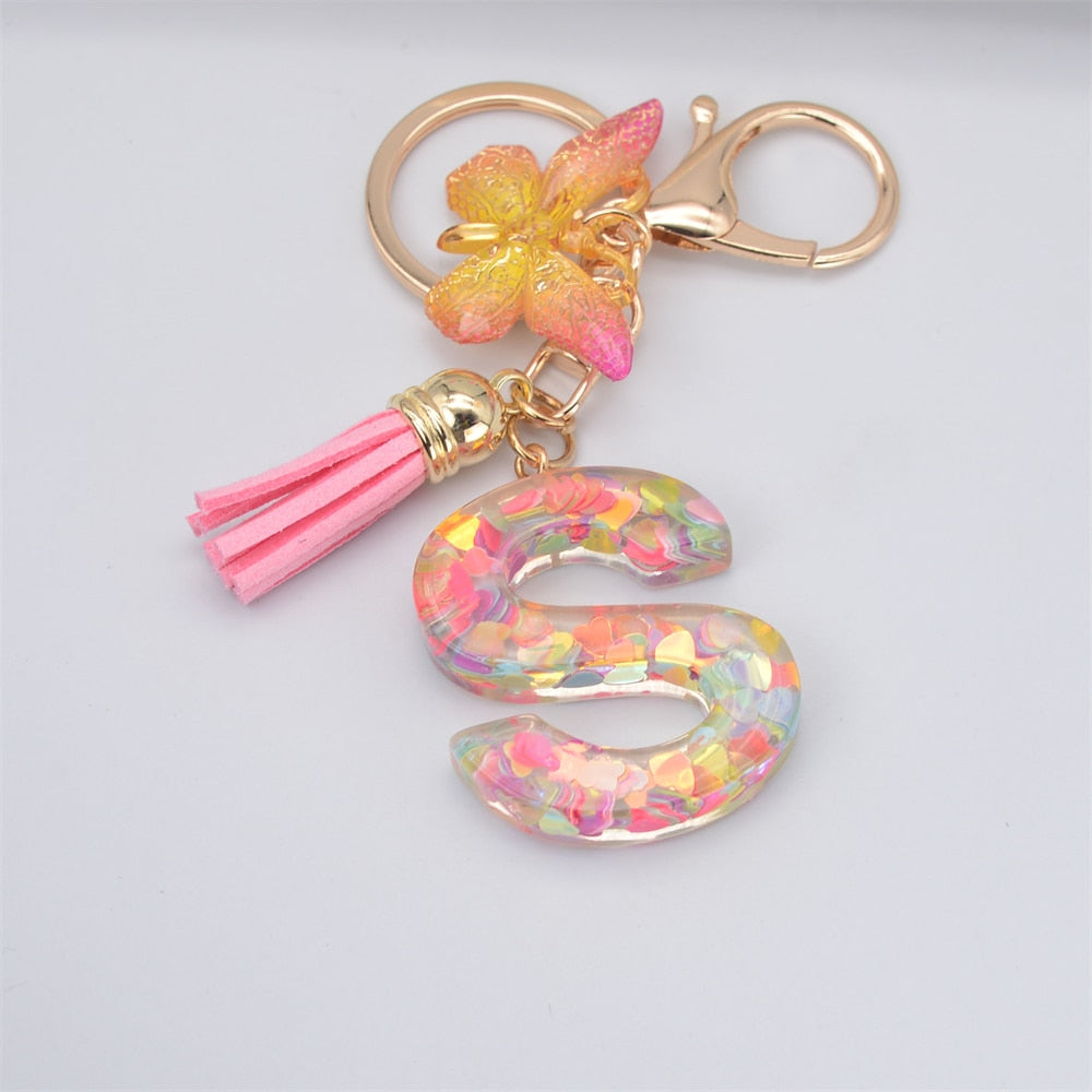 eybag New Exquisite 26 Letter Resin Keychain with Pink Tassel Gradient Butterfly Pendant Key Ring Women Bag Ornaments Accessories Gift