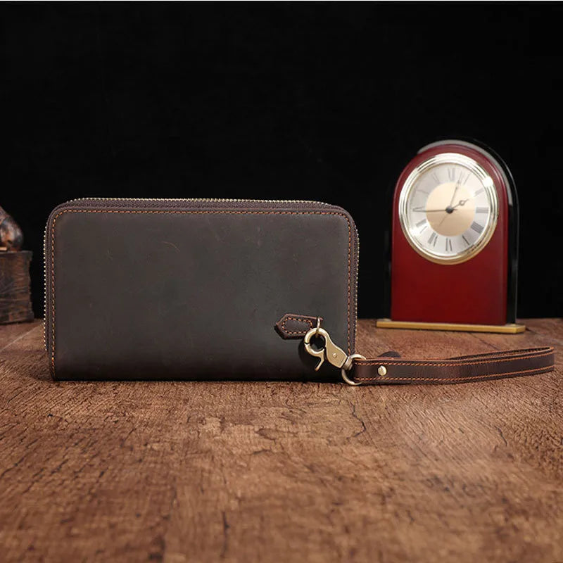 eybag Men Double Zipper Genuine Leather Wallet Male Business Clutch Purse Long Phone Card Holder Men's Clutch Wallet Vintage Handy Bag