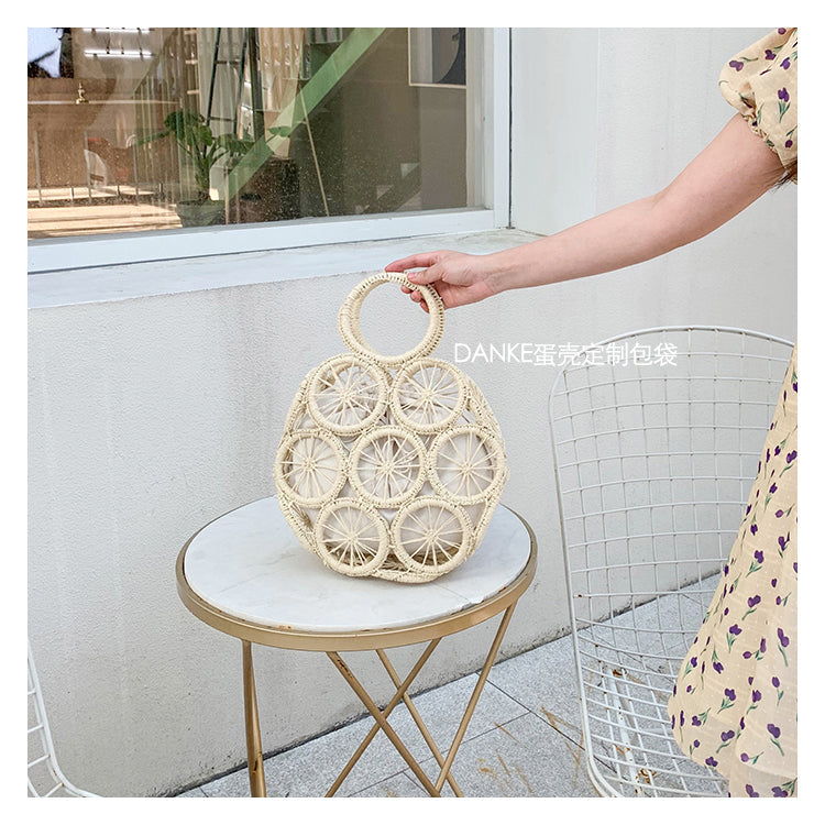 Lkblock Fashion Rattan Hollow Round Straw Bags Wicker Woven Women Handbags Summer Beach Shoulder Crossbody Bags Casual Lady Bali Purses