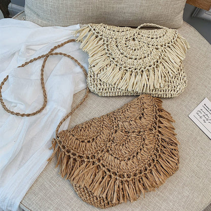 eybag Bohemian Hollow Tassel Rattan Women Shoulder Bags Wicker Woven Crossbody Bags Summer Beach Straw Bag Lady Clutches Female Purses