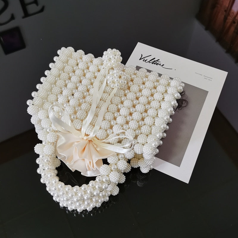 Lkblock Luxury Pearls Bag Handmade Beading Women Handbag Elegant Woven Party Wedding Evening Bag Small Box Basket Bags for Women 2021