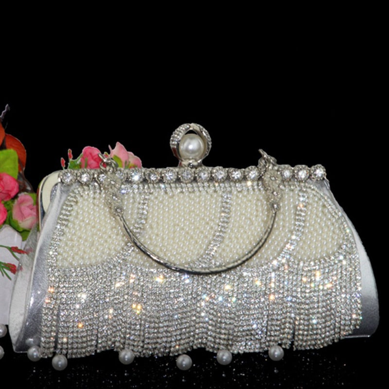 eybag Women's Wedding Party Purse Gold Evening Clutch Bag Luxury Diamond Crystal Tassel Pearl Elegant Small Handbag ZD2074