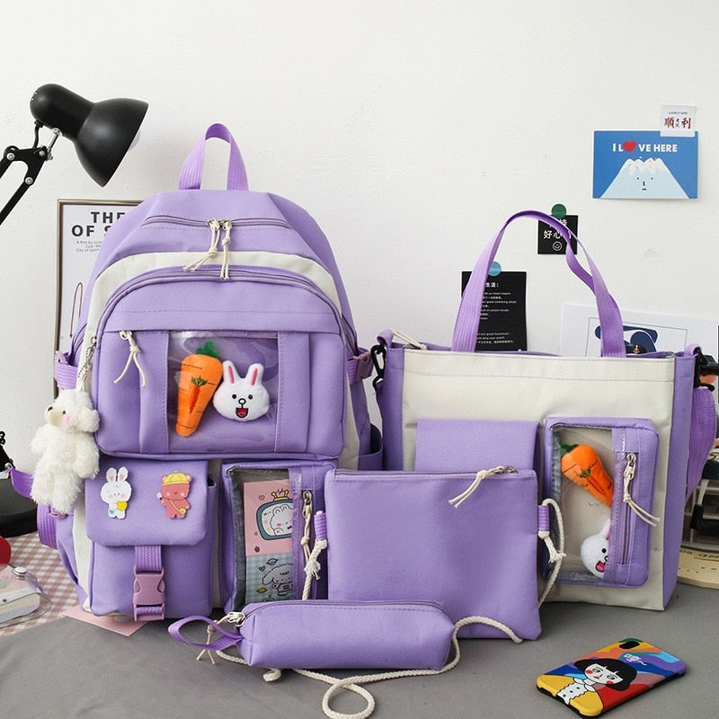 eybag New 4 Pcs Sets Purple Colour Children's School Backpack Kawaii Women's Backpack Bookbag School Bags for Teens Girls Mochila