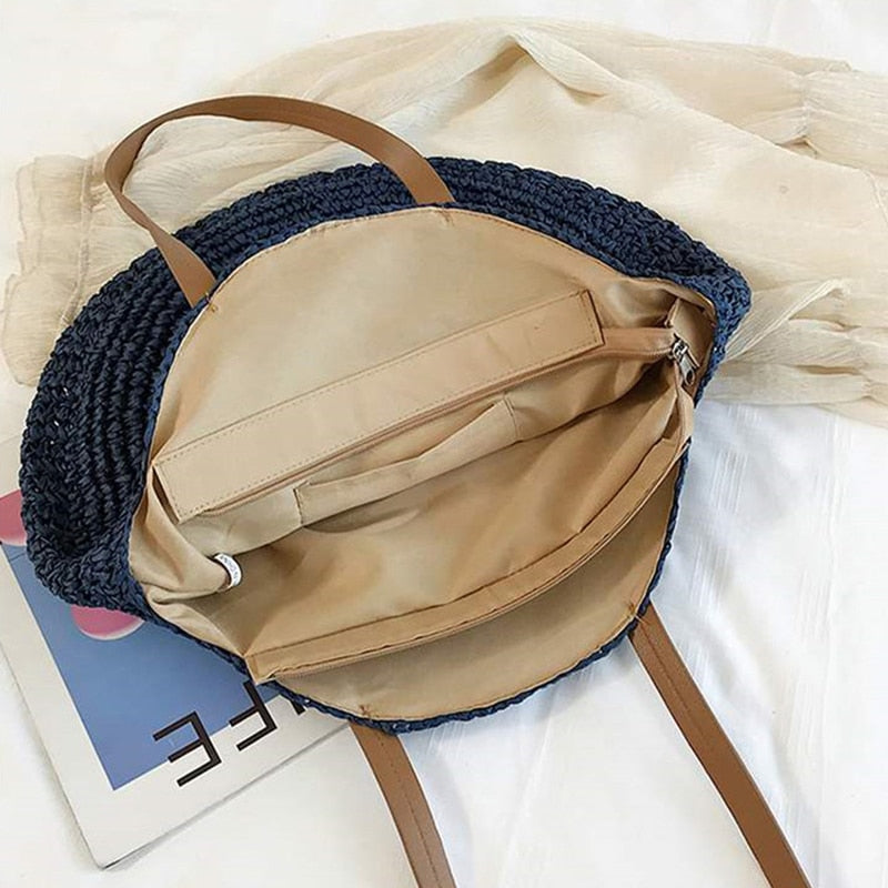 Lkblock Large Capacity Round Zipper Fashionable Straw Woven Bag Handmade Summer Beach Travel Holiday Women Bags