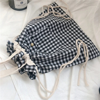 eybag Canvas Tote Bag Pocket Plaid Cream Drawstring Bags