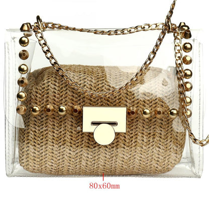 eybag Bag With Straw Purse Wallets Soft Surface Daybag Crossbody Bag With Chain Transparent Handbags With Rivet Clutch