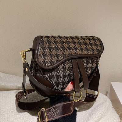 eybag Vintage Houndstooth Saddle Handbag Purses for Women Shoulder Crossbody Bags New Fashion Ladies Messenger Bag High Quality