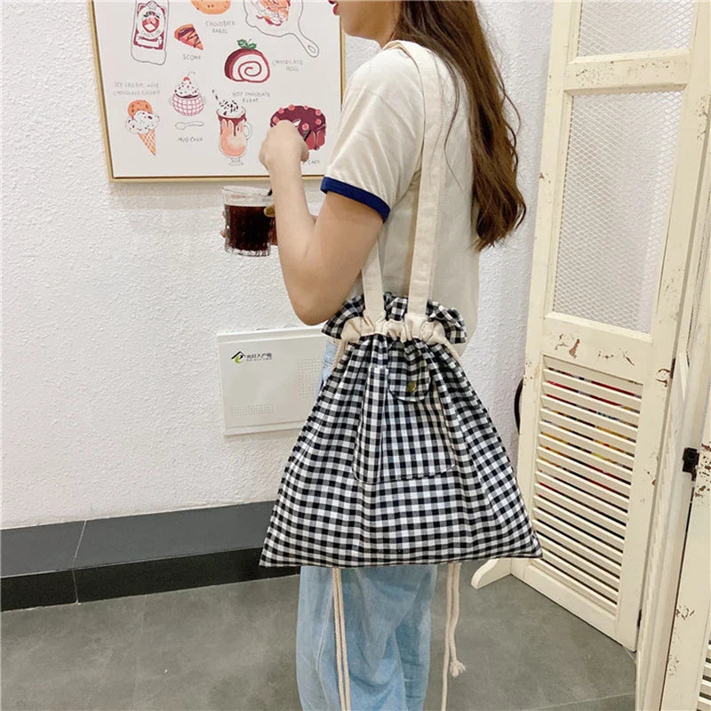 eybag Canvas Tote Bag Pocket Plaid Cream Drawstring Bags