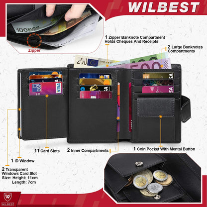 eybag Men Genuine Leather Wallet Business Purse RFID Card Holder Transparent Windows Bank Note Coin Compartment Black