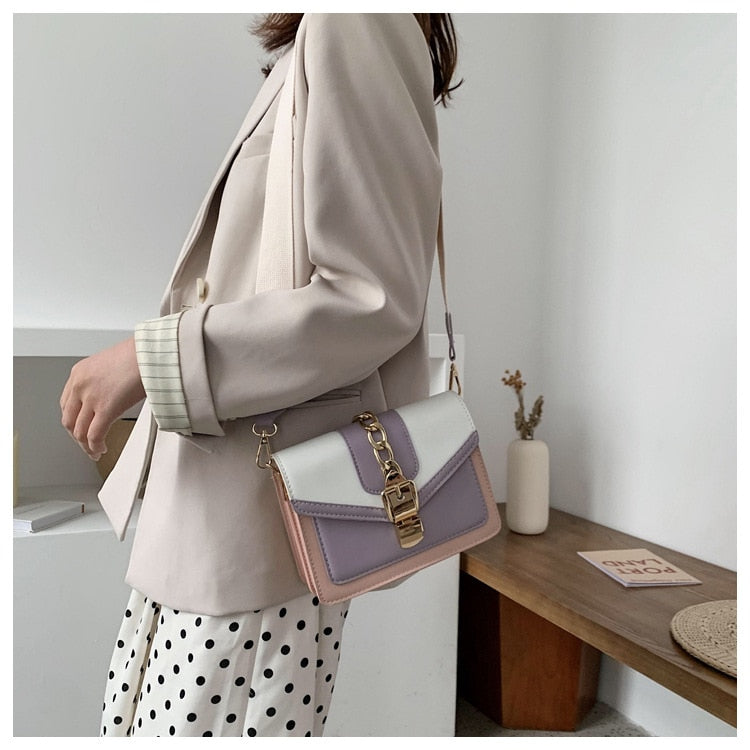 eybag Fashion chain lady Sling bag Panelled color PU Leather Crossbody Bag For Women 2022 new Wide strap Shoulder Messenger Bag Ladies