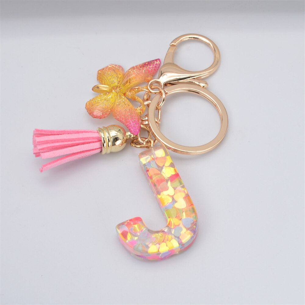 Lkblock New Exquisite 26 Letter Resin Keychain with Pink Tassel Gradient Butterfly Pendant Key Ring Women Bag Ornaments Accessories Gift