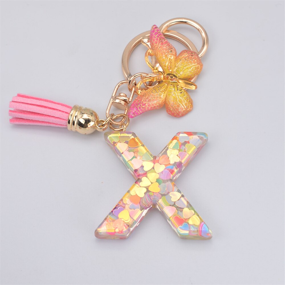 Lkblock New Exquisite 26 Letter Resin Keychain with Pink Tassel Gradient Butterfly Pendant Key Ring Women Bag Ornaments Accessories Gift