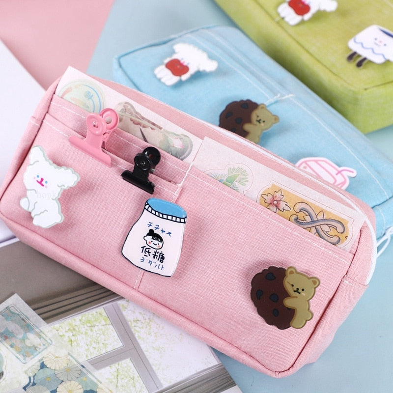 eybag Purple Canvas Pencil Case Cute Animal Badge Pink Pencilcases Large School Pencil Bags for Maiden Girl Stationery Supplies