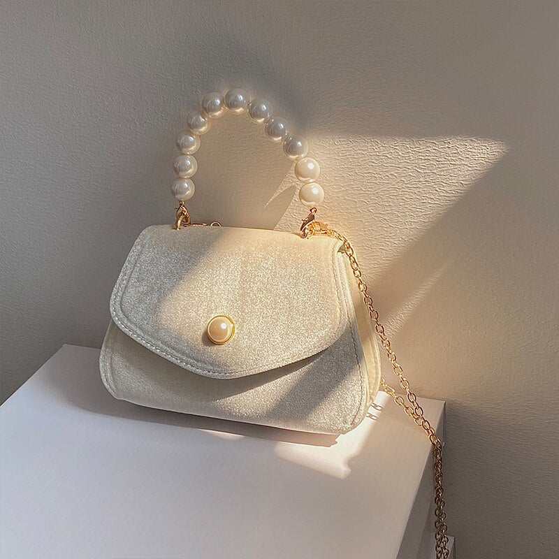 Lkblock Elegant Women Handbag with Pearl Chain Apricot Retro Suede Small Shoulder Messenger Bag Wedding Party Purse ZD1875