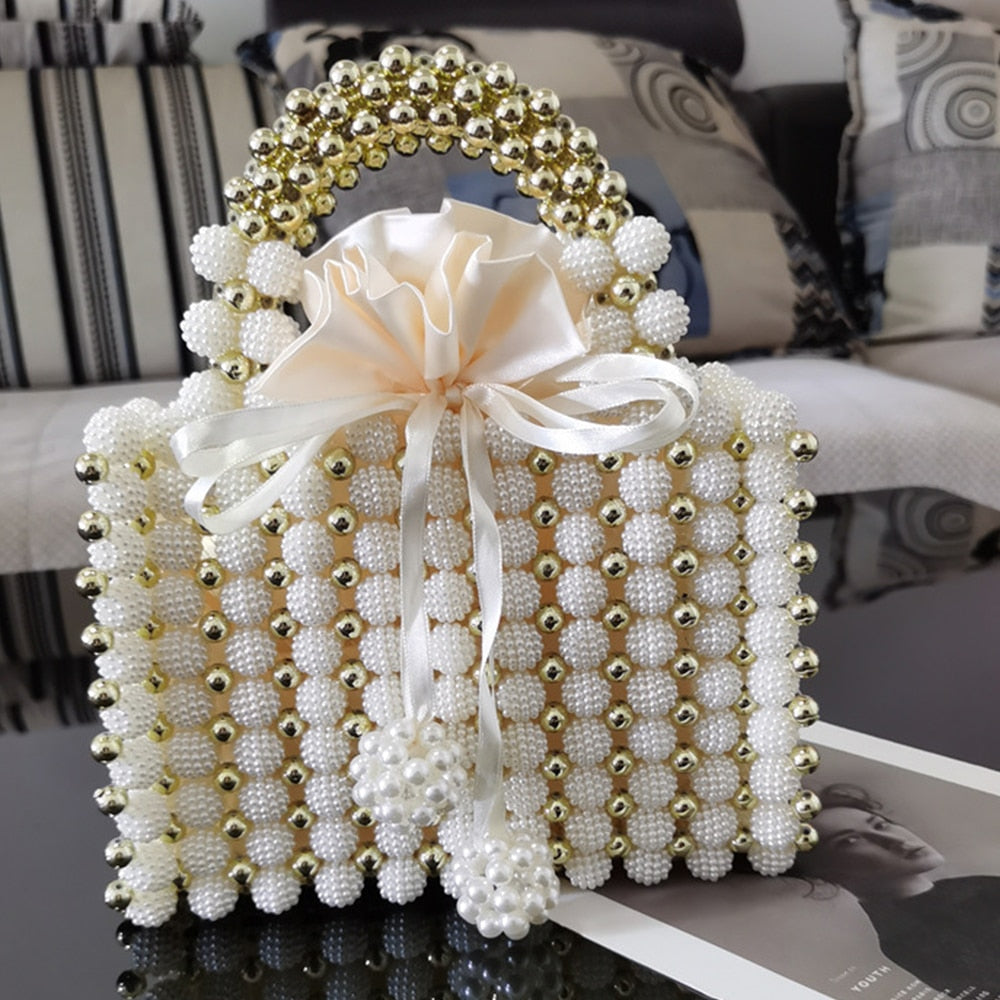 Lkblock Luxury Pearls Bag Handmade Beading Women Handbag Elegant Woven Party Wedding Evening Bag Small Box Basket Bags for Women 2021