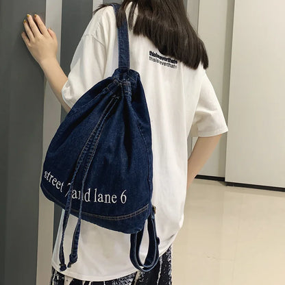 eybag Denim Drawstring Women Backpack Big Capacity Casual Cotton Women Backpacks Travel Shoulder Bags School Bag Rucksac Bagpack Blue