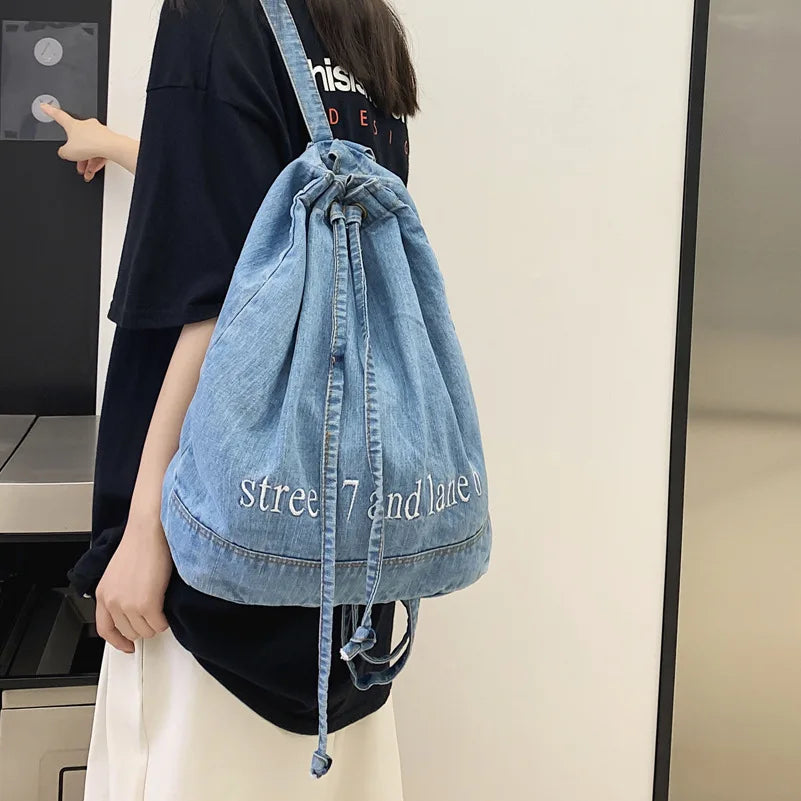 eybag Denim Drawstring Women Backpack Big Capacity Casual Cotton Women Backpacks Travel Shoulder Bags School Bag Rucksac Bagpack Blue