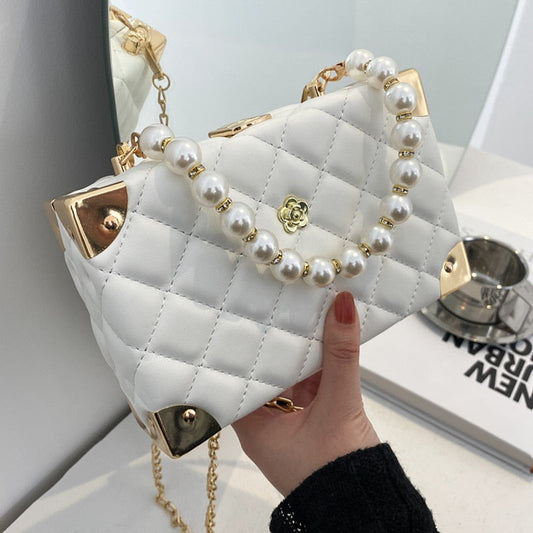 eybag Rhombus Lattice Shoulder Handbags for Women Luxury Leather Crossbody Bag Pearl Chain Tote Bag Ladies Solid Color Messenger Bags