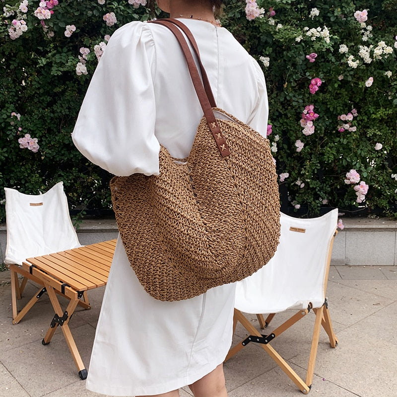 eybag Casual Large Capacity Straw Tote Bag Hollow Woven Women Shoulder Bags Summer Beach Lady Handbag Big Shopper Bag Travel Sac 2022