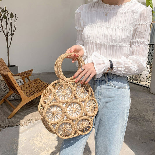 Lkblock Fashion Rattan Hollow Round Straw Bags Wicker Woven Women Handbags Summer Beach Shoulder Crossbody Bags Casual Lady Bali Purses