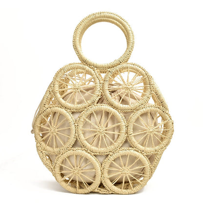 Lkblock Fashion Rattan Hollow Round Straw Bags Wicker Woven Women Handbags Summer Beach Shoulder Crossbody Bags Casual Lady Bali Purses