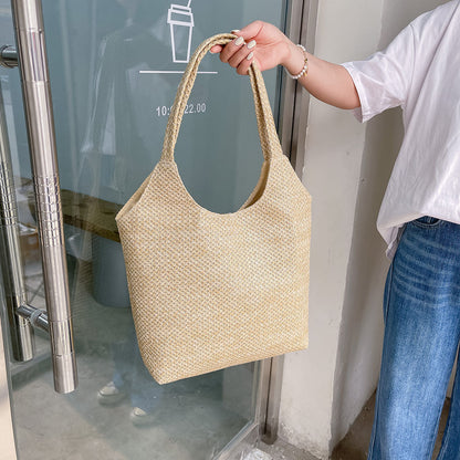 Lkblock Fashion Rattan Women Shoulder Bags Straw Woven Female Handbags Large Capacity Summer Beach Straw Bags Casual Totes Purses 2022