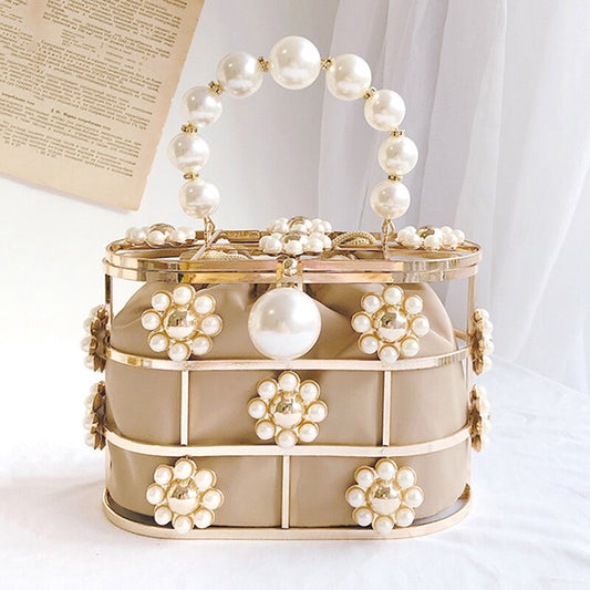 eybag Women's Evening Clutch Bag Hollow Out Pearl Flowers Beaded Metallic Wedding Clutch Purse Bucket Handbag for Party ZD1626