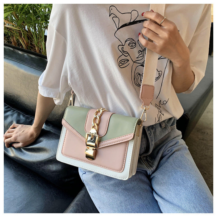 Lkblock Fashion chain lady Sling bag Panelled color PU Leather Crossbody Bag For Women 2022 new Wide strap Shoulder Messenger Bag Ladies