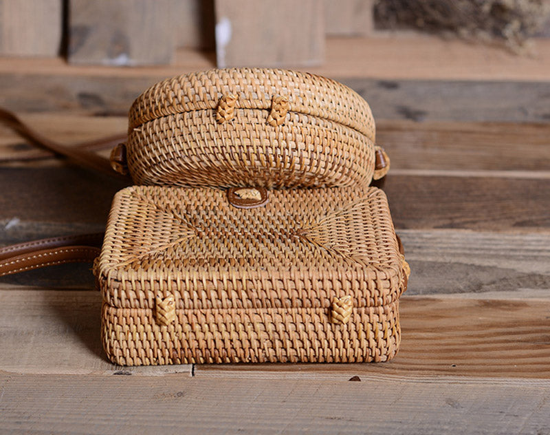 eybag Round Women Shoulder Bag Square Straw Beach Bags Wicker Bali Box Female Crossbody Bag Rattan Woven Summer Handbag Messenger Tote