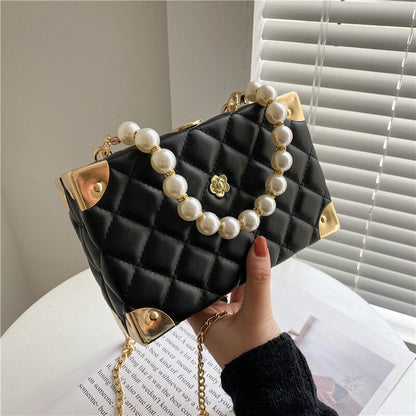 eybag Rhombus Lattice Shoulder Handbags for Women Luxury Leather Crossbody Bag Pearl Chain Tote Bag Ladies Solid Color Messenger Bags