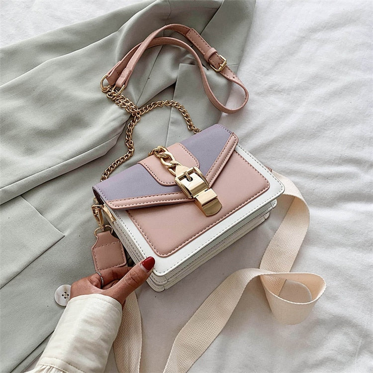 eybag Fashion chain lady Sling bag Panelled color PU Leather Crossbody Bag For Women 2022 new Wide strap Shoulder Messenger Bag Ladies