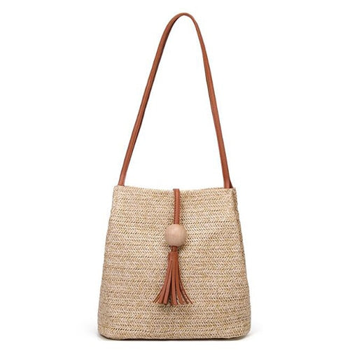 eybag Women Straw Bag Bohemian Rattan Beach Handbag Handmade Kintted Crossbody Bucket Bags Summer Tassel Beach Bag