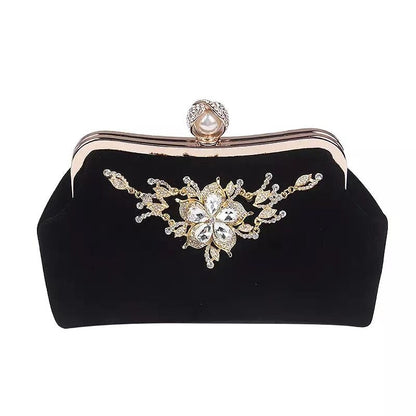 eybag Velvet Evening clutch bag women Diamond Pearl Purse Vintage Crystal Flower Wedding Party Bride Handbag for lady black B358