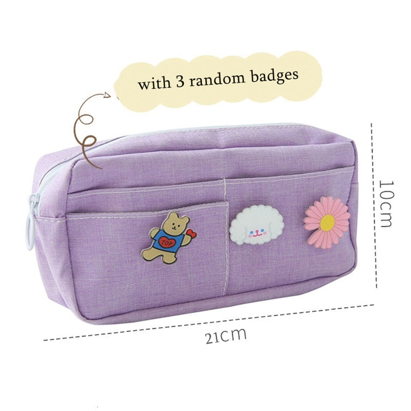 eybag Purple Canvas Pencil Case Cute Animal Badge Pink Pencilcases Large School Pencil Bags for Maiden Girl Stationery Supplies