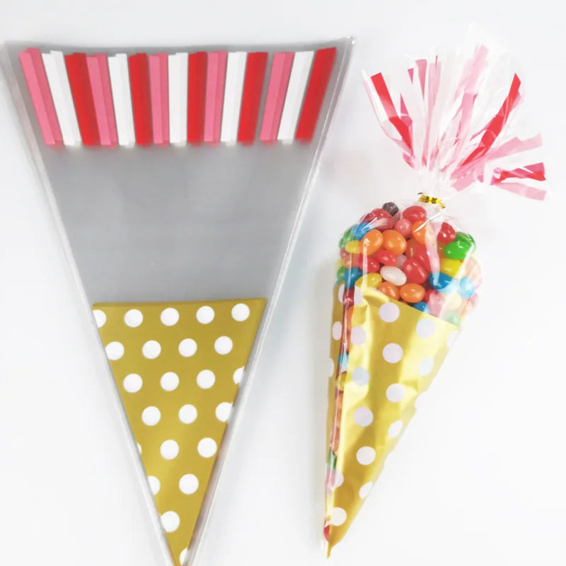 eybag 50pcs/Lot DIY Candy Bag Wedding Favors Halloween Christmas Party Decor Sweet Cellophane Print Cone Storage with Organza Pouches