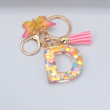 Lkblock New Exquisite 26 Letter Resin Keychain with Pink Tassel Gradient Butterfly Pendant Key Ring Women Bag Ornaments Accessories Gift