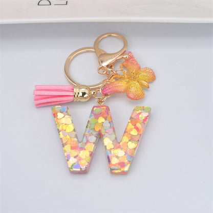 eybag New Exquisite 26 Letter Resin Keychain with Pink Tassel Gradient Butterfly Pendant Key Ring Women Bag Ornaments Accessories Gift