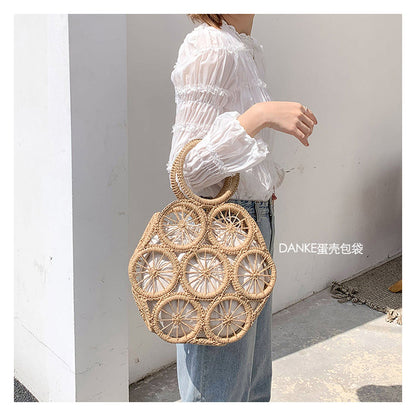 Lkblock Fashion Rattan Hollow Round Straw Bags Wicker Woven Women Handbags Summer Beach Shoulder Crossbody Bags Casual Lady Bali Purses