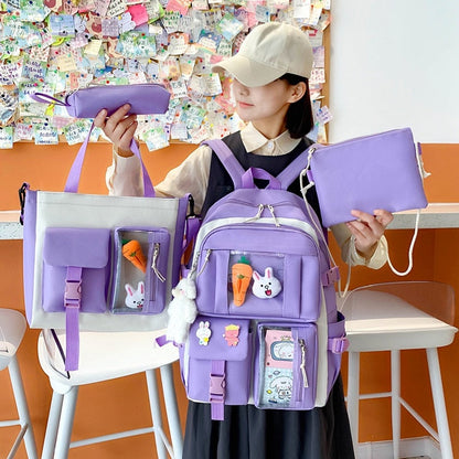 eybag New 4 Pcs Sets Purple Colour Children's School Backpack Kawaii Women's Backpack Bookbag School Bags for Teens Girls Mochila