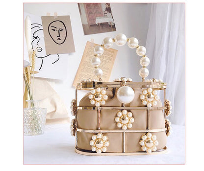 eybag Women's Evening Clutch Bag Hollow Out Pearl Flowers Beaded Metallic Wedding Clutch Purse Bucket Handbag for Party ZD1626