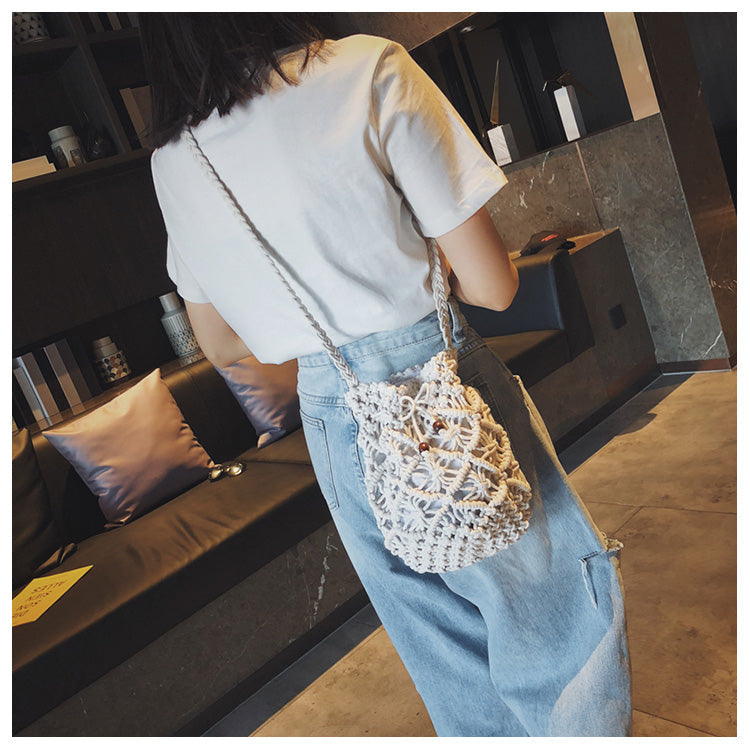 Lkblock Cotton Rope Woven Women's Shoulder Bag Bohemian Handmade Crossbody Bags Knitted Summer Bucket Straw Beach Bag Female Handbags