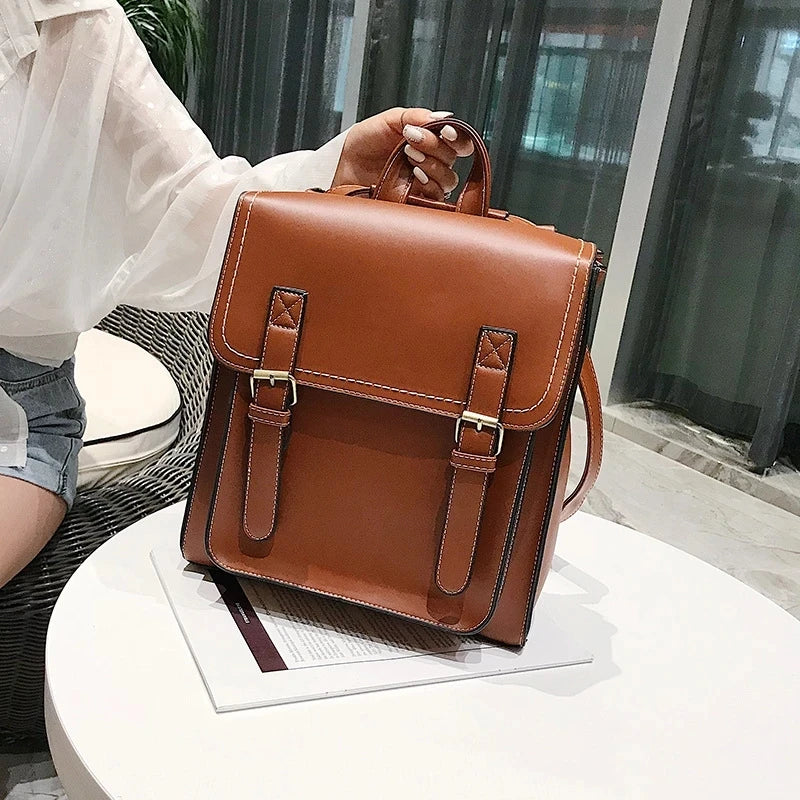 eybag Preppie style women Backpack Pu Leather Shoulder Bag multi-function Female Backpack Vintage School Bag for Girls Leisure Bag Sac