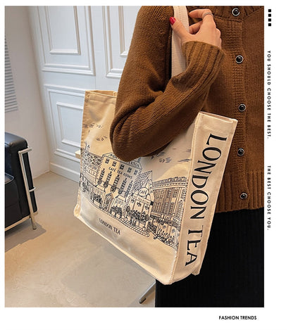 eybag Women Literature and Art Shoulder Canvas Bags Fashion Printing Student Simple Korean Casual Shopping Bag Large Capacity Tote Bag