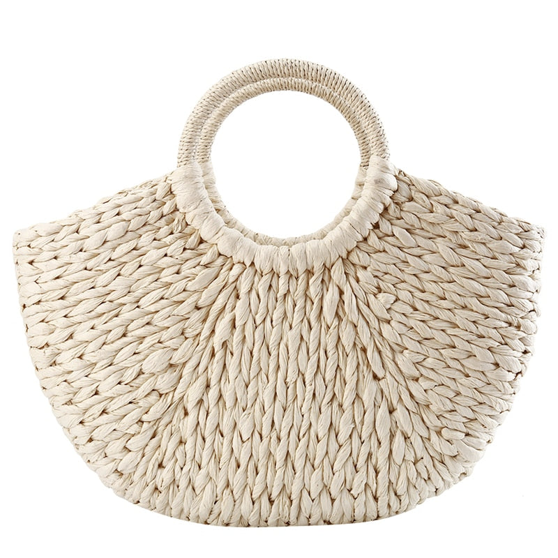 eybag New Straw Bag 2022 Women Hand-Woven Hollow Handbag Moon Shape Rattan Bag Big Capacity Drawstring Handbag Casual Travel Beach Bag