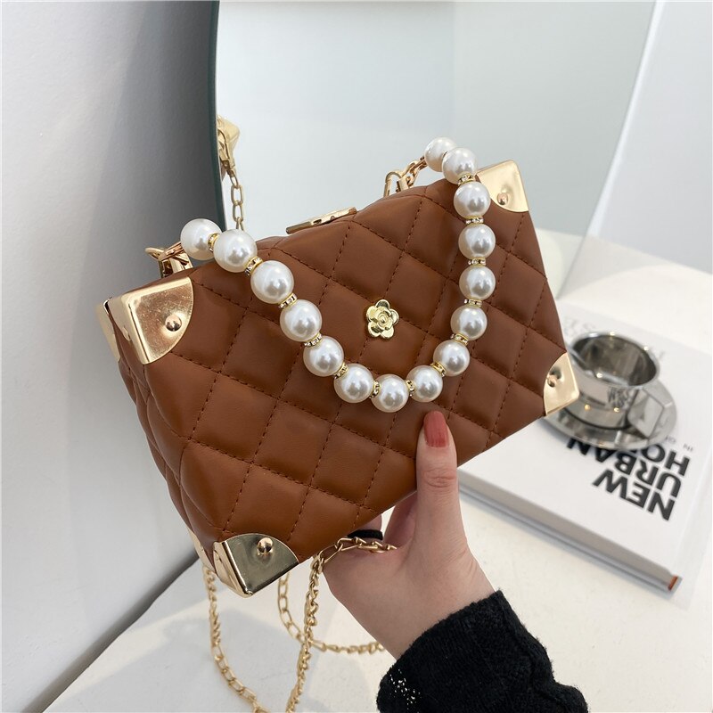 eybag Rhombus Lattice Shoulder Handbags for Women Luxury Leather Crossbody Bag Pearl Chain Tote Bag Ladies Solid Color Messenger Bags