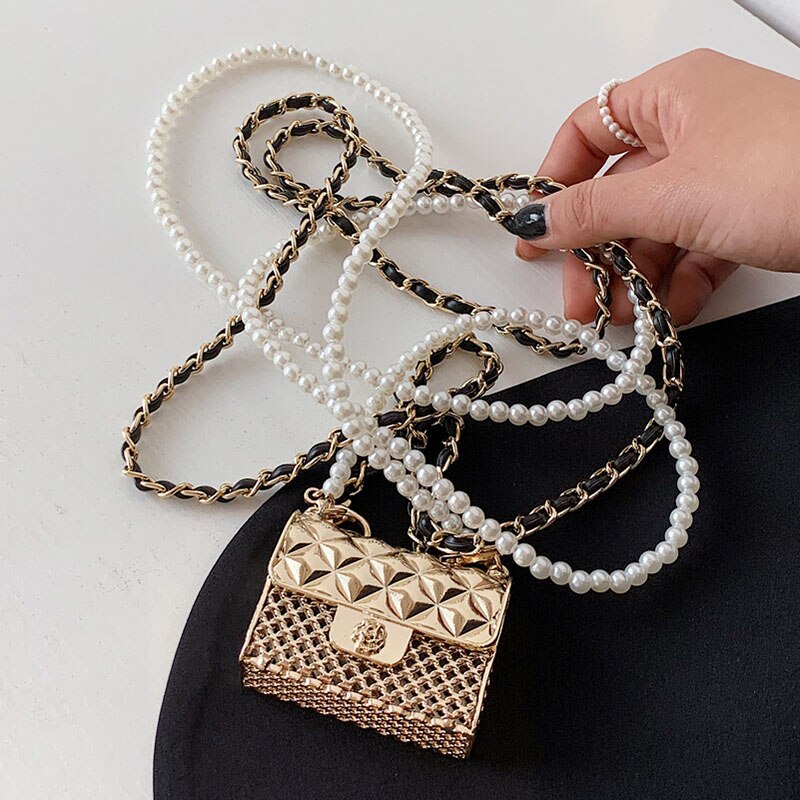 eybag Super Mini Metal Crossbody Shoulder Bags for Women Fashion Lingge Chains Halter Bag Luxury Beading Female Handbags and Coin Bags