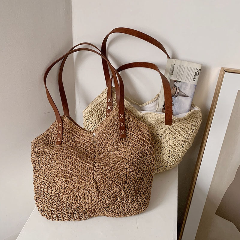 eybag Casual Large Capacity Straw Tote Bag Hollow Woven Women Shoulder Bags Summer Beach Lady Handbag Big Shopper Bag Travel Sac 2022