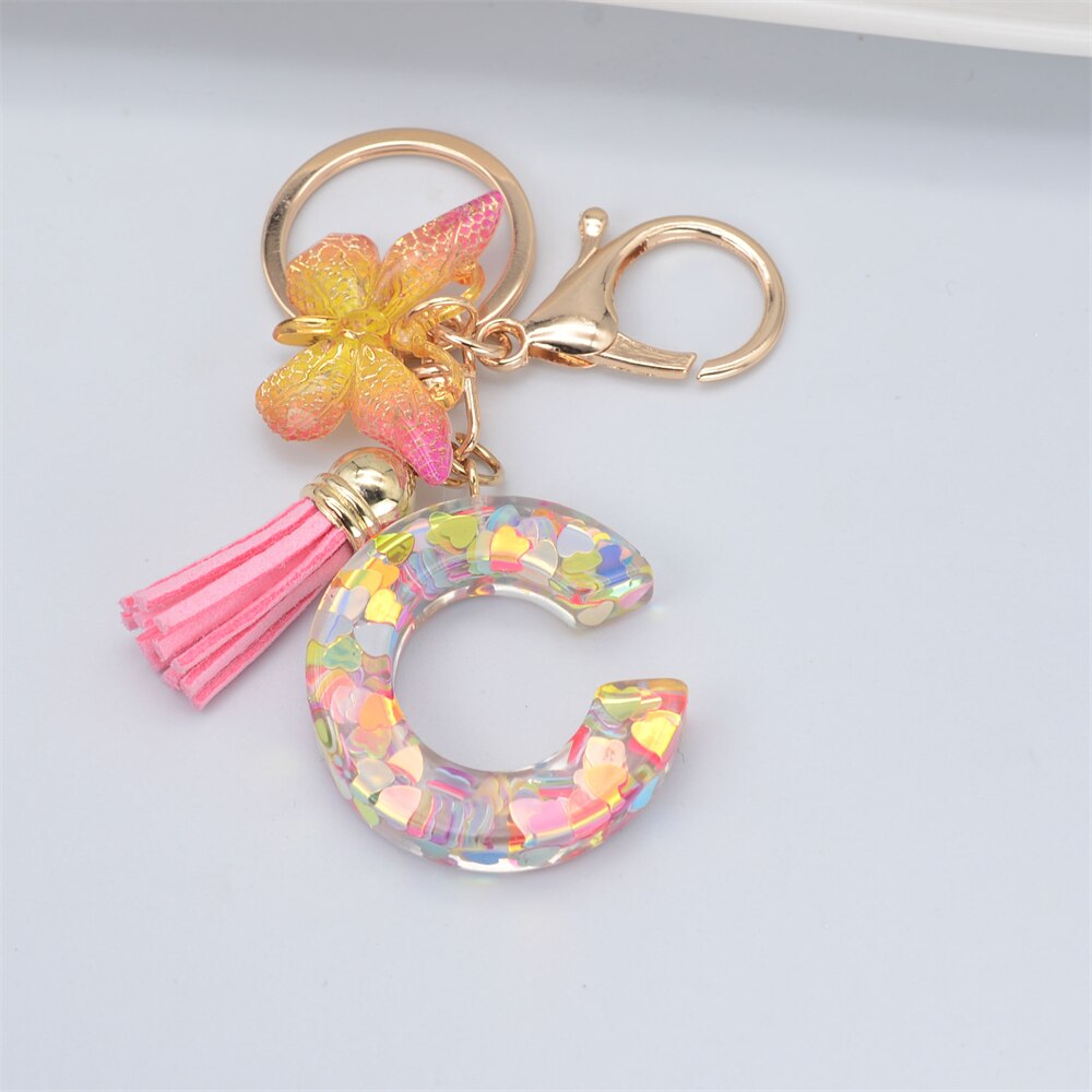 Lkblock New Exquisite 26 Letter Resin Keychain with Pink Tassel Gradient Butterfly Pendant Key Ring Women Bag Ornaments Accessories Gift