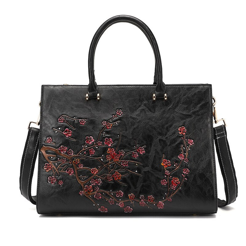 eybag Vintage Embossed Women Shoulder Bag Leather Top-handle Bags Ladies Large Capacity Messenger Bags Floral Female Tote Bag