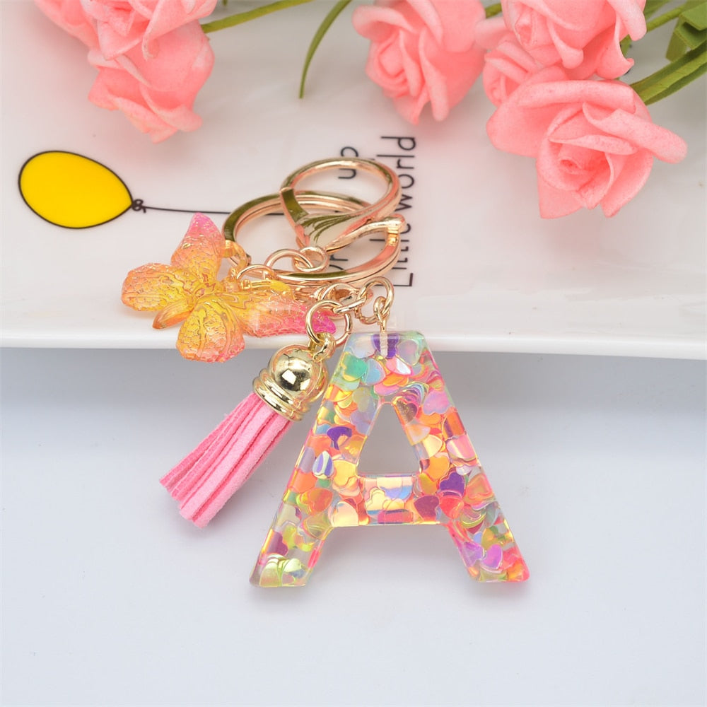 Lkblock New Exquisite 26 Letter Resin Keychain with Pink Tassel Gradient Butterfly Pendant Key Ring Women Bag Ornaments Accessories Gift